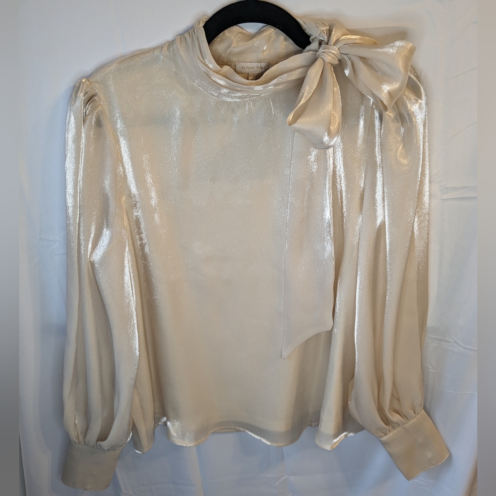NWT Womens Long Sleeve Blouse Sz Small Shiny Sheer Gold Champagne Bow Tie Neck